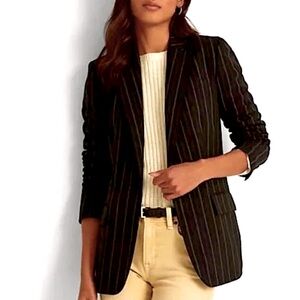 Polo Ralph Lauren Black Striped Blazer Jacket Women's 14 Linen Wool Old Money